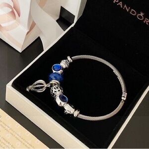 ✨Pandora-Style Twisted Silver Bangle w/ Blue Crystal Charms